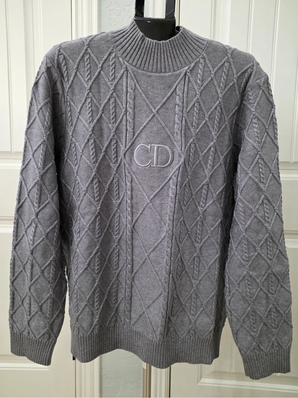 Dior Gray Cable-Knit Crewneck Sweater with CD Embroidery